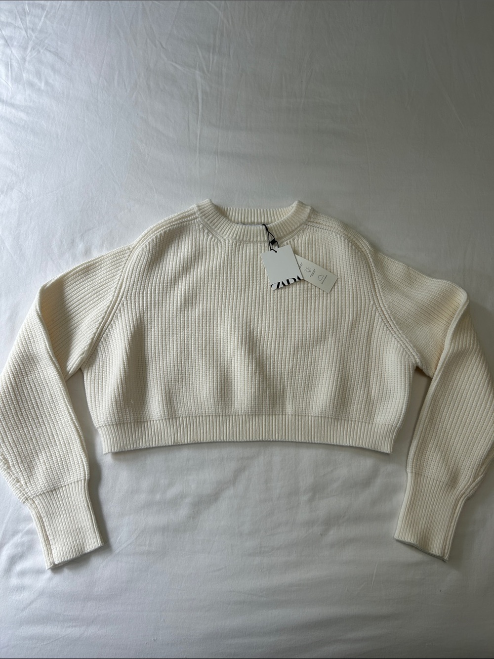Zara Cropped Ribbed Crewneck Sweater in Cream